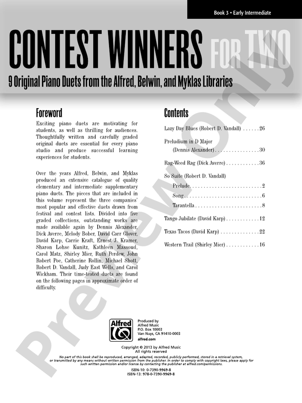 Contest Winners for Two, Book 3: 9 Original Piano Duets from the Alfred, Belwin, and Myklas Libraries - 1 Piano, 4 Hands (Digital Download)