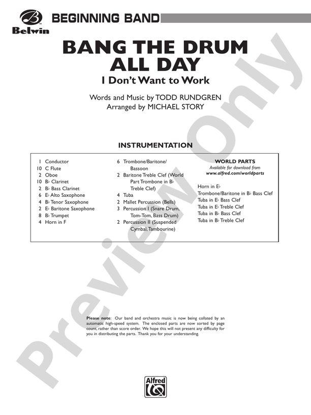 Bang the Drum All Day (I Don't Want to Work) - Concert Band Conductor Score & Parts (Digital Download)