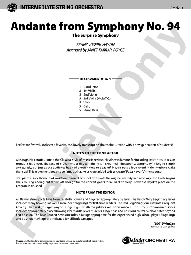 Andante from Symphony No. 94 – String Orchestra Conductor Score & Parts (Digital Download)