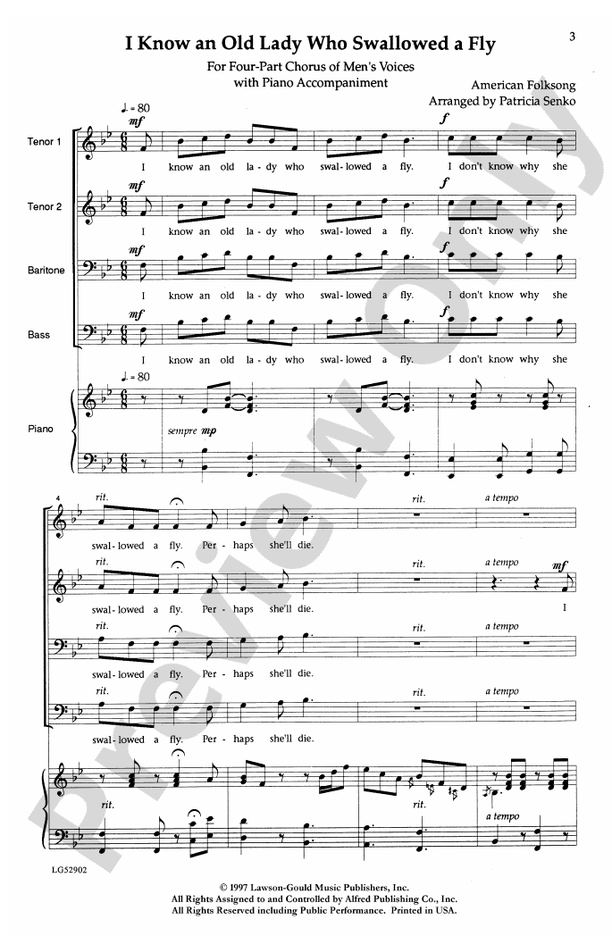 I Know an Old Lady Who Swallowed a Fly – TTBB Choral Octavo - Digital Sheet Music Download (Digital Download)