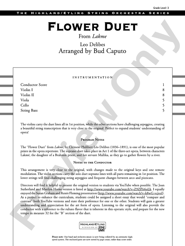 Flower Duet – String Orchestra Conductor Score & Parts (Digital Download)