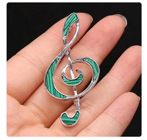 Treble Clef Pin/Brooch Silver with Green Shell Inlay