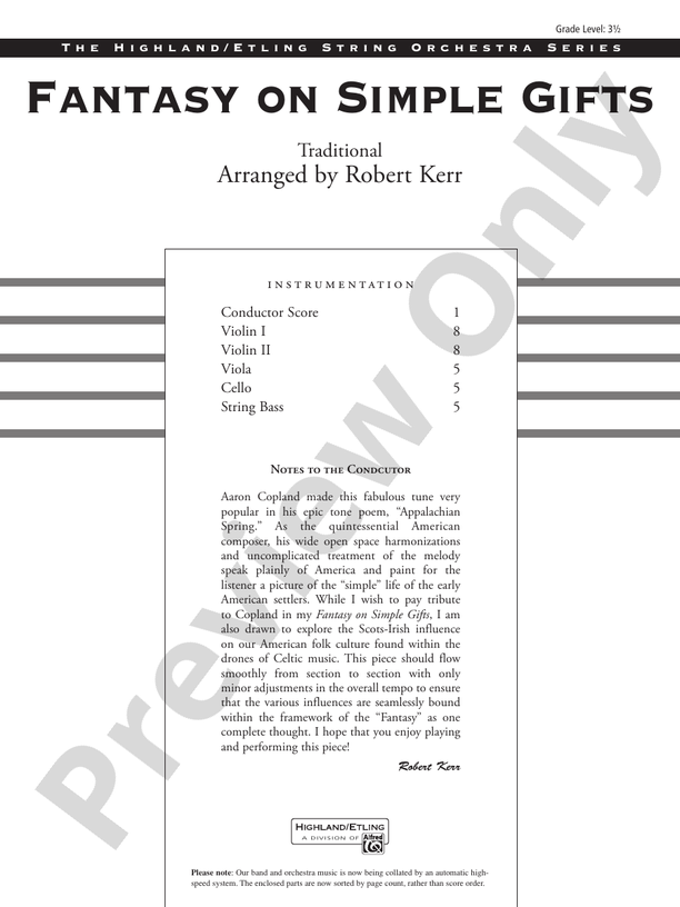Fantasy on Simple Gifts – String Orchestra Conductor Score & Parts (Digital Download)