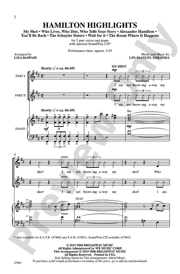 Hamilton Highlights – 2-Part Choral Octavo (Digital Download)