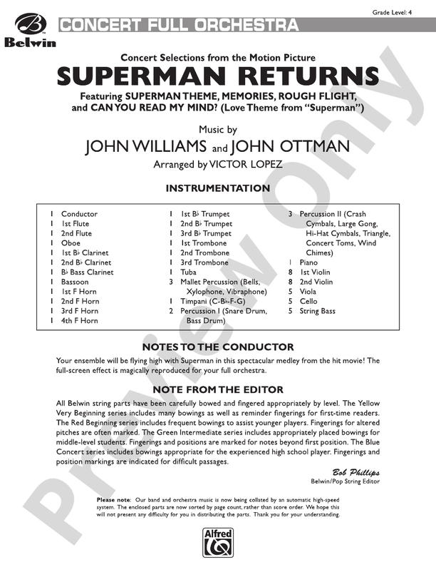 Superman Returns, Concert Selections from – Full Orchestra Conductor Score & Parts (Digital Download)