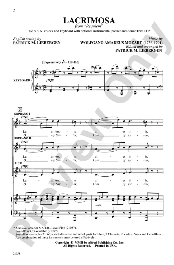 Lacrimosa (from Requiem) – SSA Choral Octavo (Digital Download)