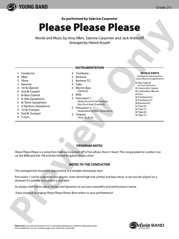 Please Please Please - Concert Band Conductor Score & Parts(Digital Download)