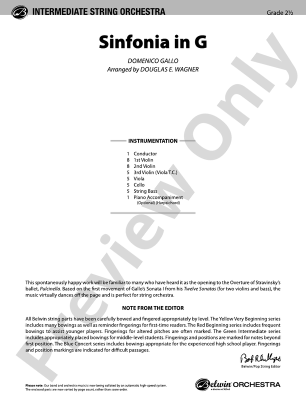 Sinfonia in G (Grade 2.5) – Belwin Intermediate String Orchestra Conductor Score & Parts (Digital Download)