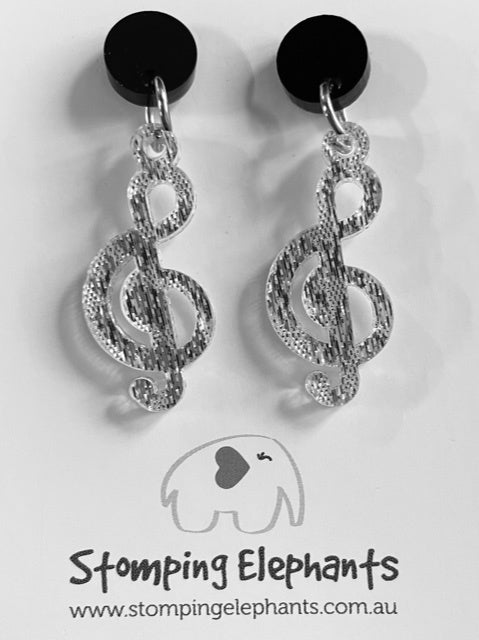 Stomping Elephants Treble Clef Drop Earrings Medium Sparkly Silver