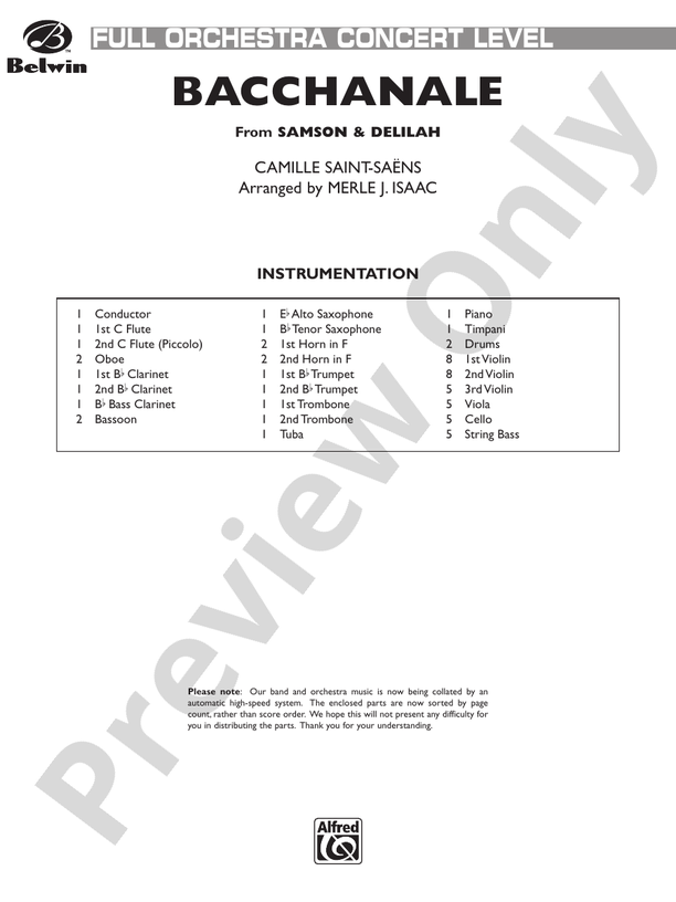 Bacchanale from Samson and Delilah – Full Orchestra Conductor Score & Parts (Digital Download)