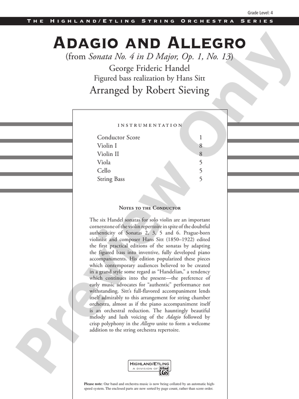 Adagio and Allegro (from Sonata No. 4 in D major, Op. 1, No. 13) – String Orchestra Conductor Score & Parts (Digital Download)