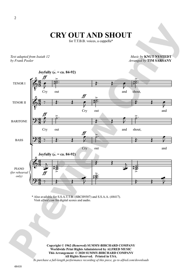 Cry Out and Shout – TTBB, a cappella Choral Octavo (Digital Download)