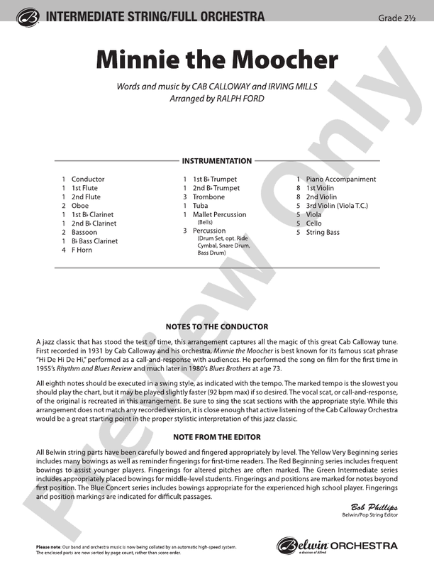 Minnie the Moocher – Full Orchestra Conductor Score & Parts (Digital Download)