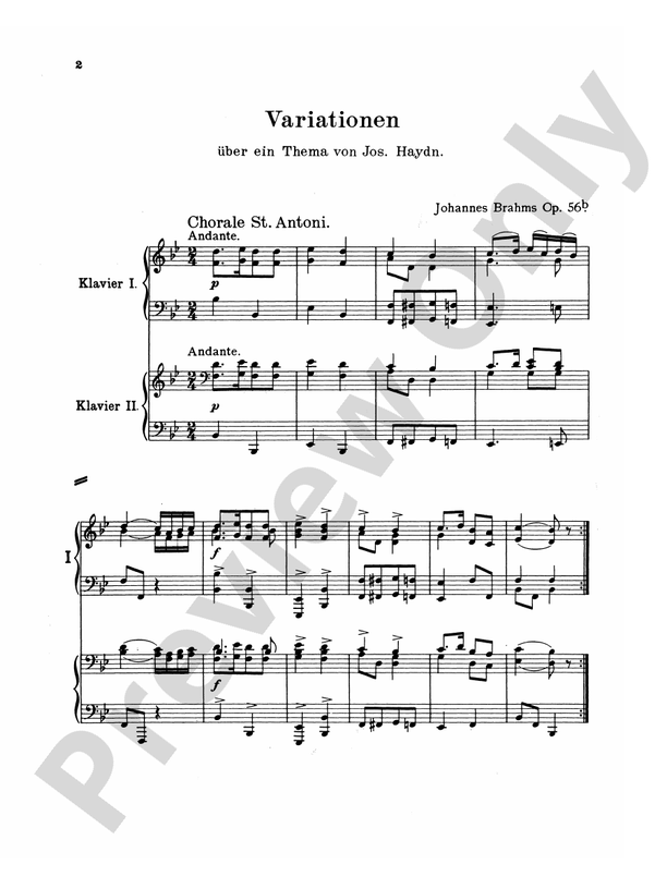 Brahms - Variations on a Theme of Haydn, Op. 56B (Original) - 2 Piano, 4 Hands (Digital Download)