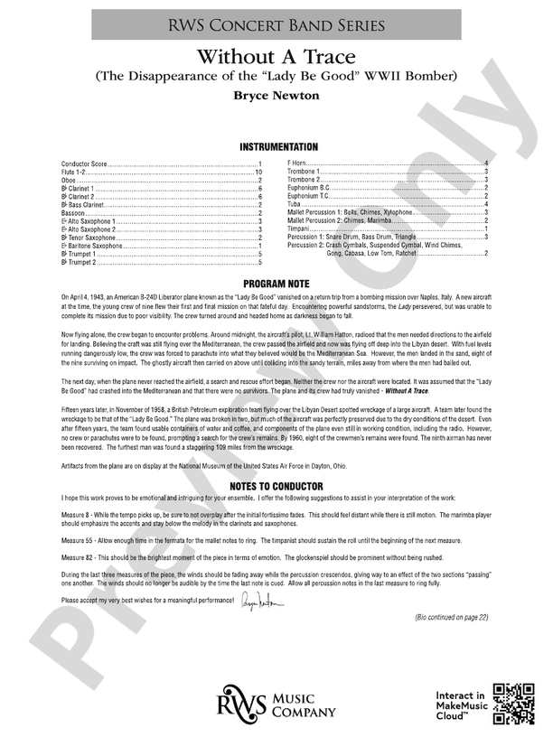 Without a Trace - The Disappearance of the "Lady Be Good" WWII Bomber - Concert Band Conductor Score & Parts (Digital Download)