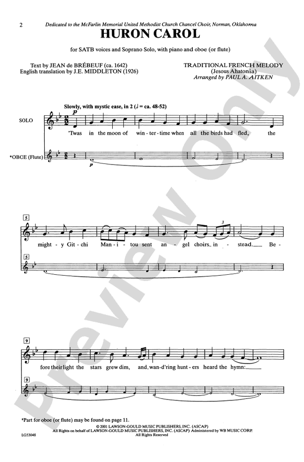 Huron Carol – SATB and Soprano Solo Choral Octavo - Digital Sheet Music Download (Digital Download)