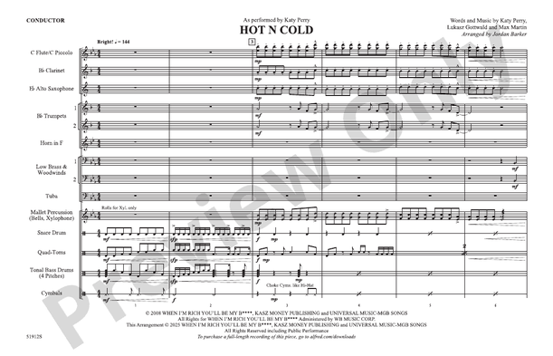 Hot N Cold (Arr. Jordan Barker) – Marching Band Conductor Score & Parts (Digital Download)
