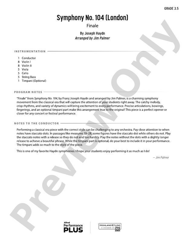 Symphony No. 104 (London) - String Orchestra Conductor Score & Parts (Digital Download)