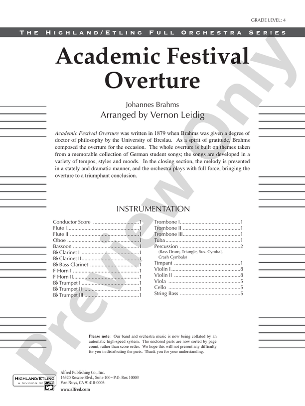 Academic Festival Overture – Full Orchestra Conductor Score & Parts (Digital Download)