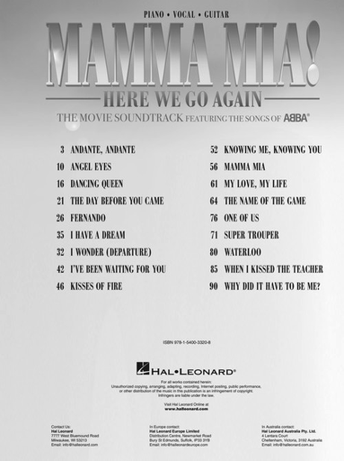 Mamma Mia: Here We Go Again Movie Soundtrack Featuring The Songs Of Abba - Piano/Vocal/Guitar PVG Hal Leonard 280953