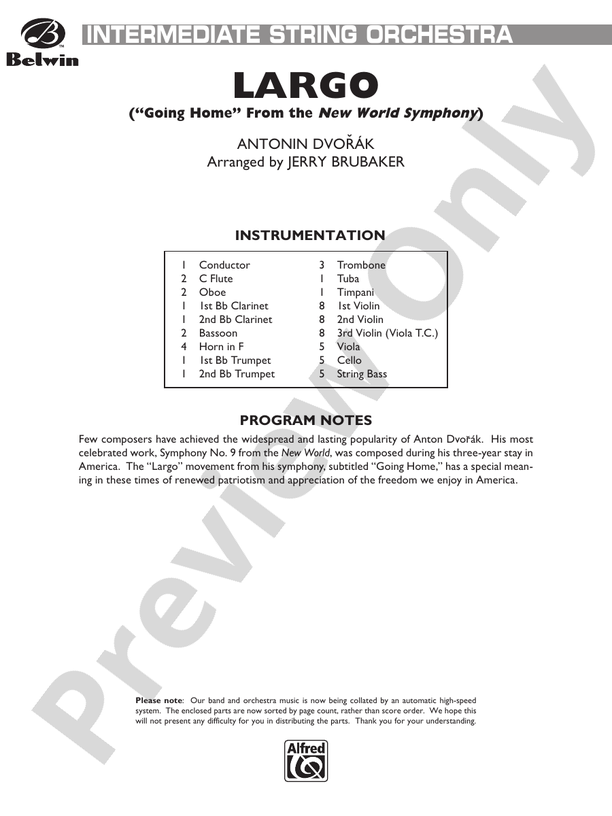 Largo ("Going Home" from the New World Symphony) – Full Orchestra Conductor Score & Parts (Digital Download)