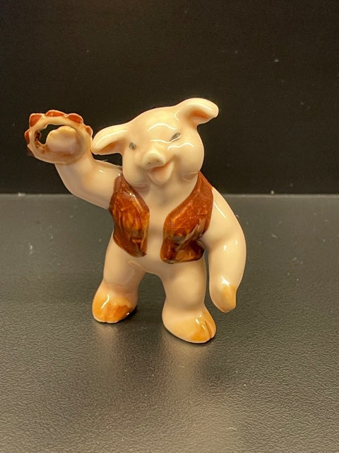 Pig Playing the Tambourine Porcelain Figurine