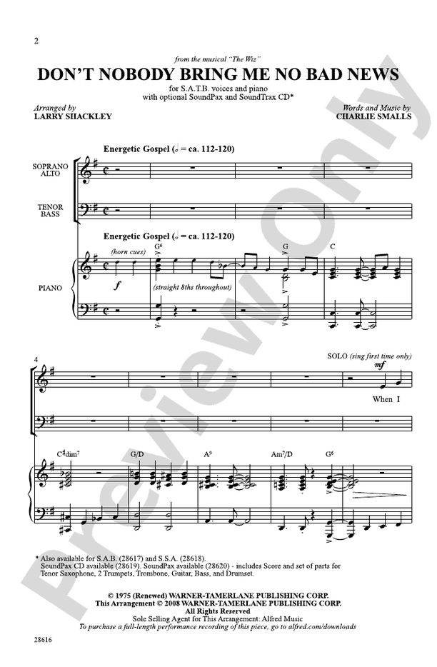 Don't Nobody Bring Me No Bad News (from the musical The Wiz) – SATB Choral Octavo (Digital Download)
