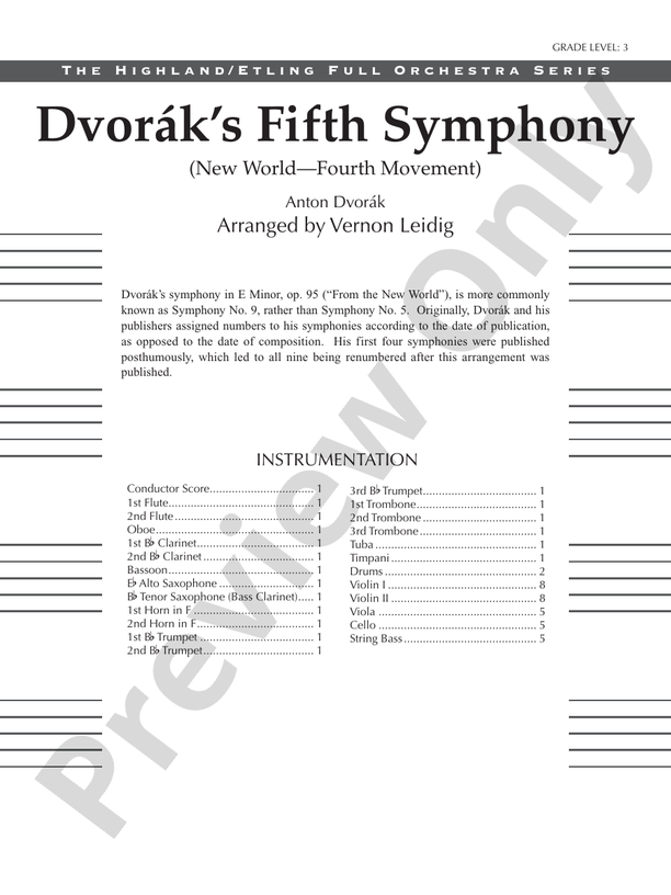 Dvorák's 5th Symphony ("New World," 4th Movement) – Full Orchestra Conductor Score & Parts (Digital Download)