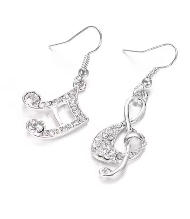 Drop Earrings Silver with Diamontes Semiquaver and Treble Clef