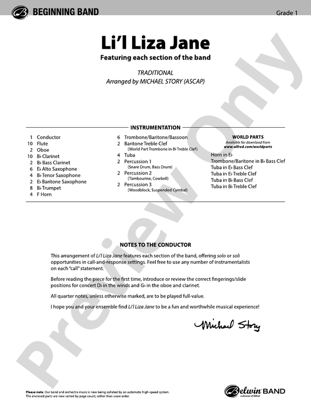 Li'l Liza Jane - Concert Band Conductor Score & Parts (Digital Download)