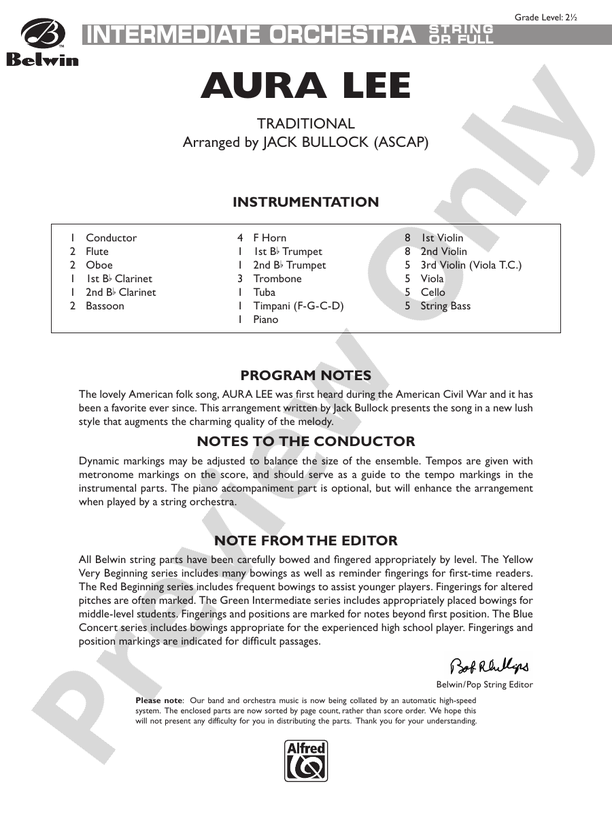 Aura Lee – Full Orchestra Conductor Score & Parts (Digital Download)