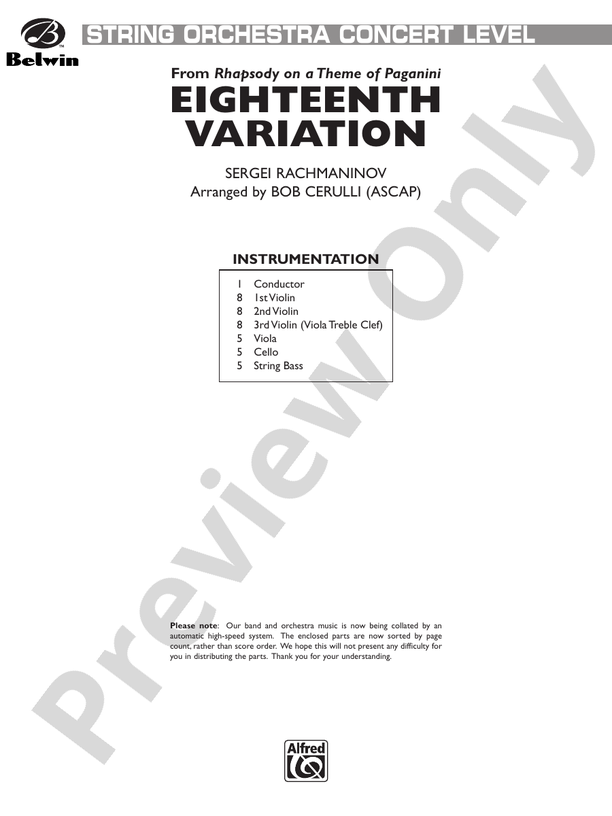 Eighteenth Variation (from Rhapsody on a Theme of Paganini) – String Orchestra Conductor Score & Parts (Digital Download)