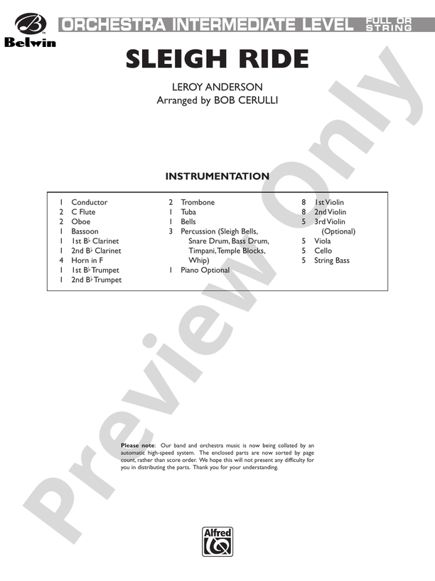 Sleigh Ride (Grade 2.5) – Full Orchestra Conductor Score & Parts (Digital Download)