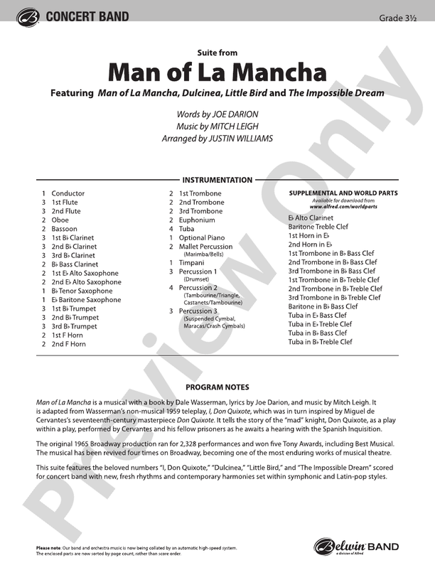 Man of La Mancha - Concert Band Conductor Score & Parts (Digital Download)