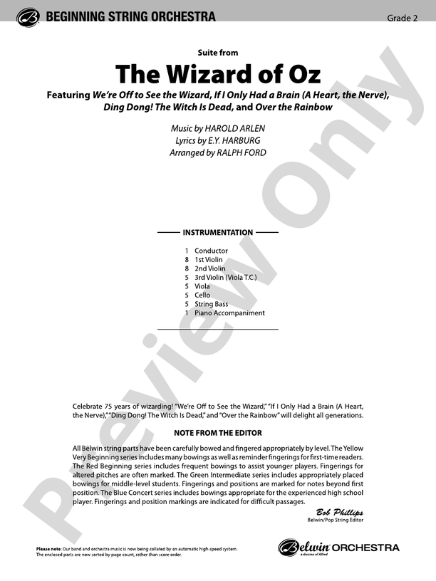 The Wizard of Oz, Suite from – String Orchestra Conductor Score & Parts (Digital Download)