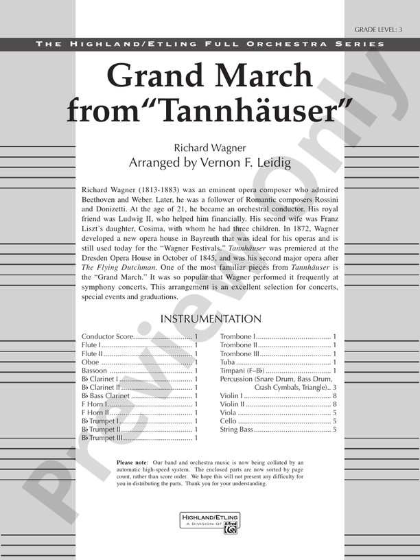 Grand March from Tannhäuser – Full Orchestra Conductor Score & Parts (Digital Download)