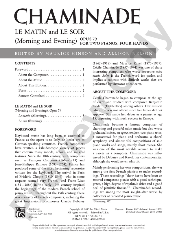 Chaminade - Le matin and Le soir (Morning and Evening), Opus 79 - 2 Pianos, 4 Hands (Digital Download)