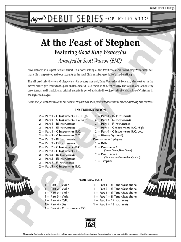 At the Feast of Stephen (Scott Watson - Flexible Arrangement) - Concert Band Conductor Score & Parts (Digital Download)