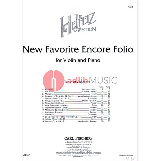 Heifetz - New Favourite Encores Folio - Violin/Piano Accompaniment Fischer O2137