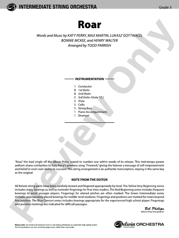 Roar - String Orchestra Conductor Score & Parts (Digital Download)