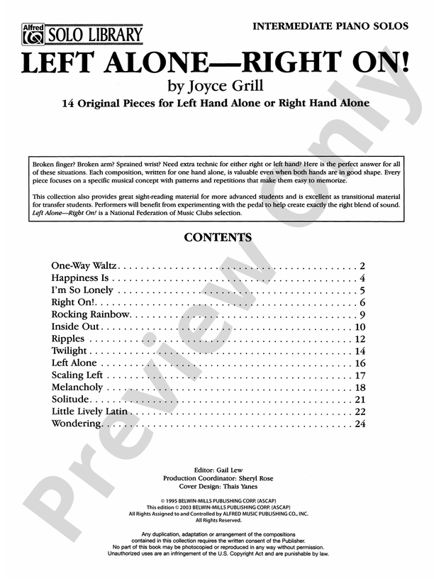 Left Alone -- Right On!: 14 Original Pieces for Left Hand Alone or Right Hand Alone - Piano Solo (Digital Download)