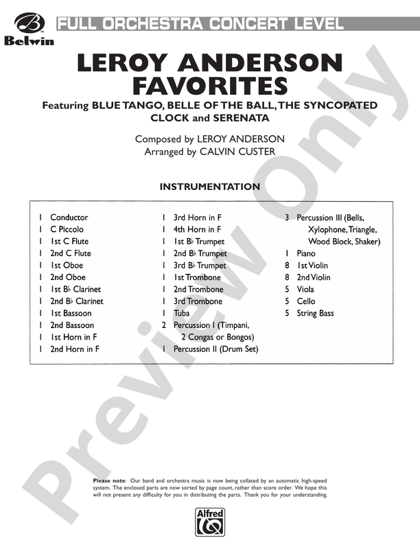 Leroy Anderson Favorites – Pop Concert Full Orchestra Conductor Score & Parts (Digital Download)