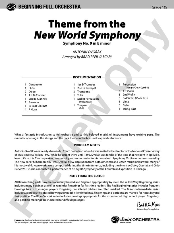 New World Symphony, Theme from the – Full Orchestra Conductor Score & Parts (Digital Download)