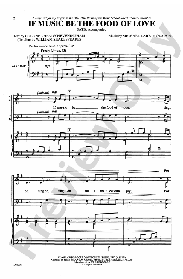 If Music Be the Food of Love - Michael Larkin – SATB Choral Octavo (Digital Download)