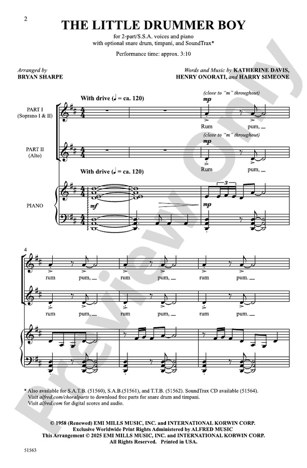 The Little Drummer Boy - 2 Part/SSA Choral Octavo (Digital Download)