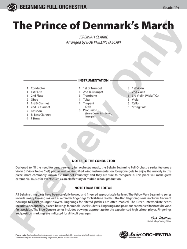 The Prince of Denmark's March – Full Orchestra Conductor Score & Parts (Digital Download)