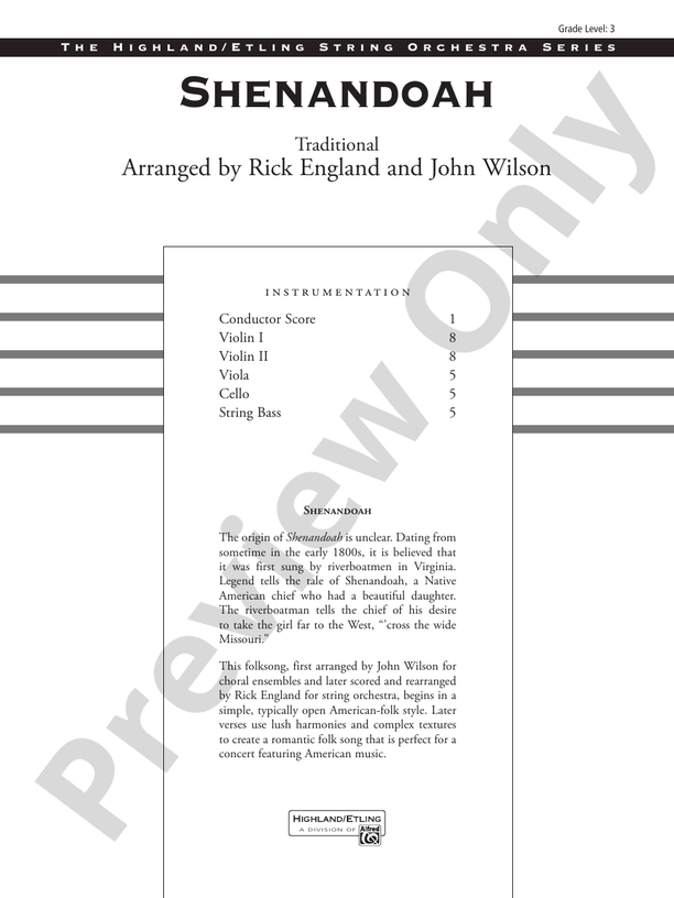 Shenandoah – String Orchestra Conductor Score & Parts (Digital Download)