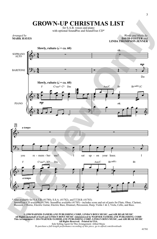 Grown-Up Christmas List - Arr. Mark Hayes – SAB Choral Octavo (Digital Download)