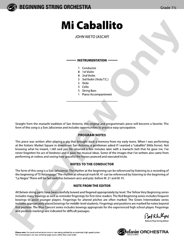 Mi Caballito – String Orchestra Conductor Score & Parts (Digital Download)