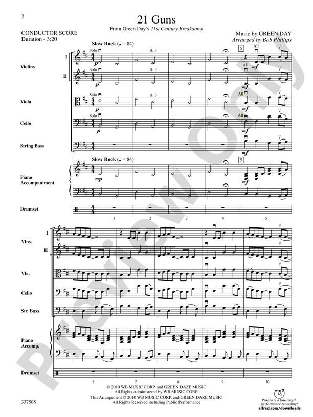 21 Guns - String Orchestra Conductor Score & Parts (Digital Download)